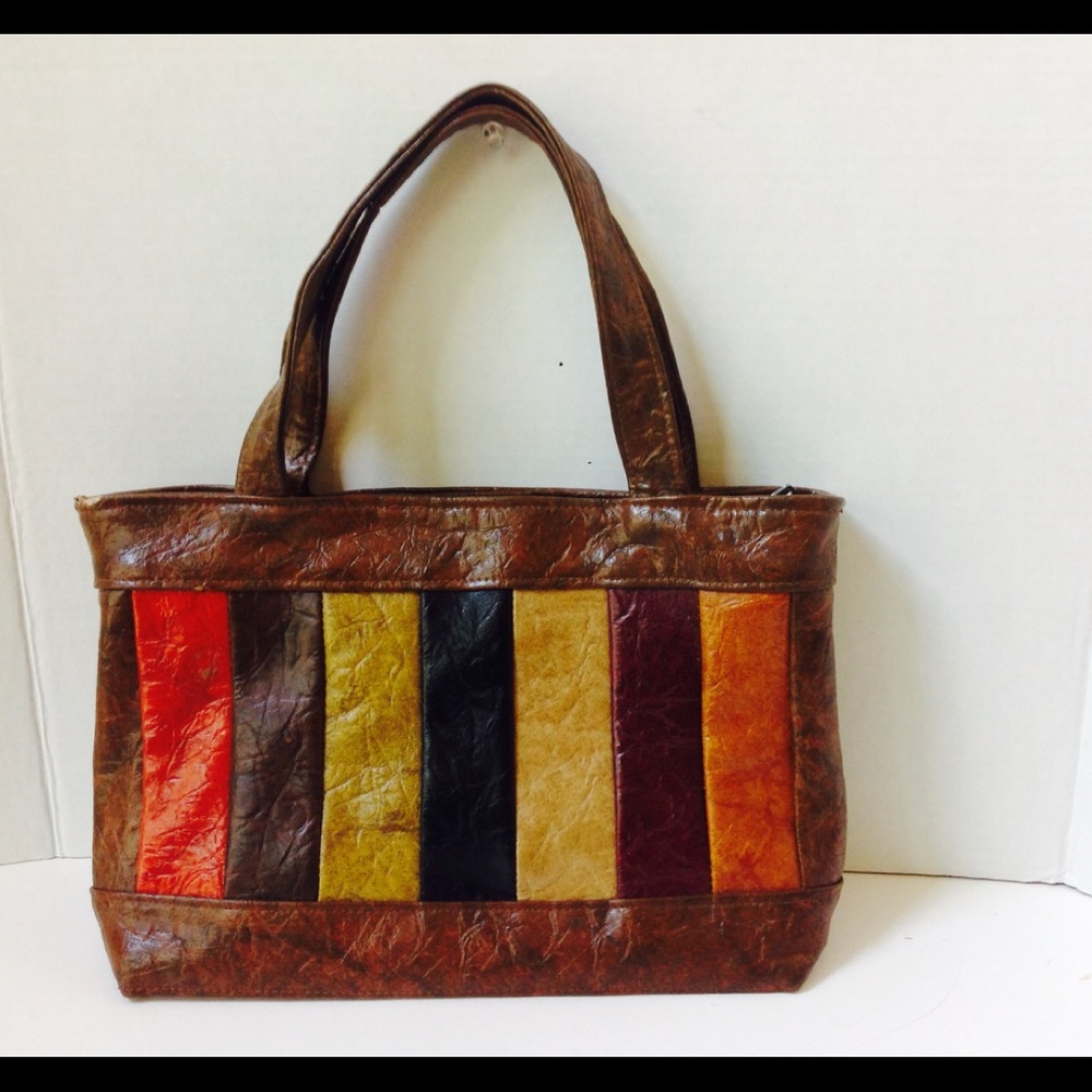 1990's Brown Stripe Handbag Faux Leather Red